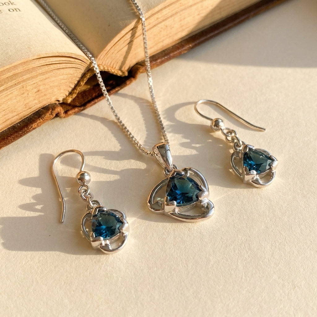 Sapphire Solitaire Pendant + Earrings