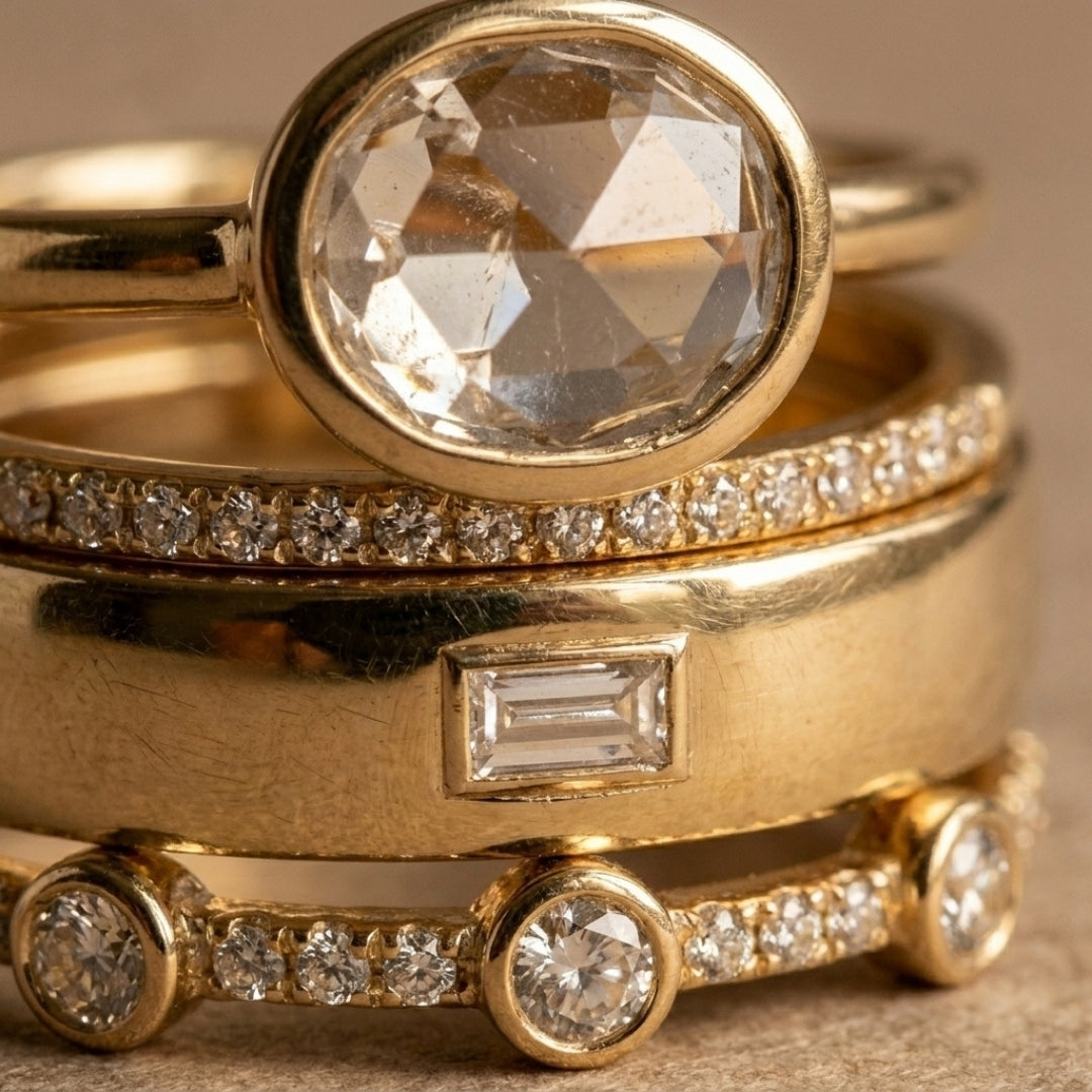 Vintage Gold &amp; CZ Stacking Ring Set