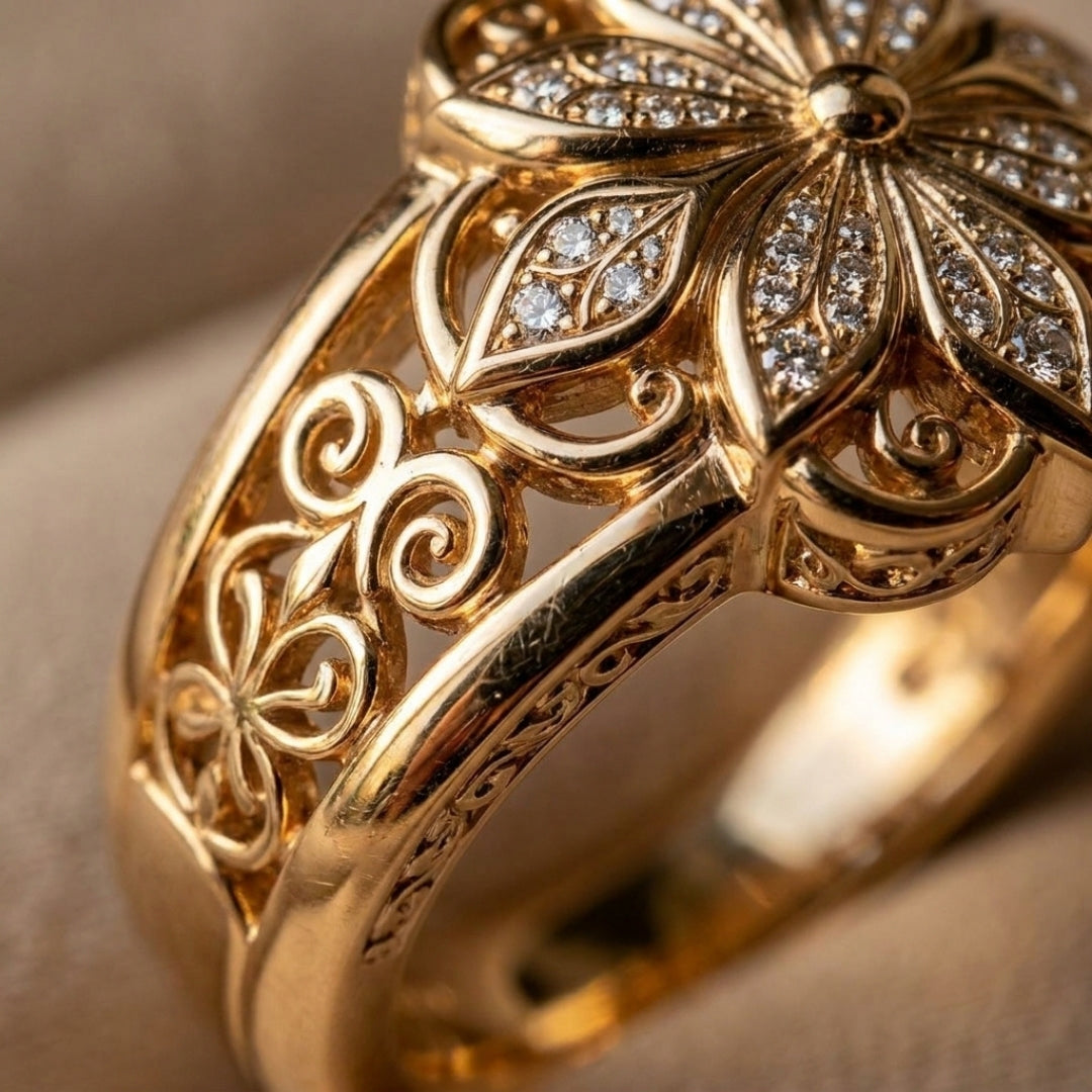 Engraved Gold Petal Band Ring