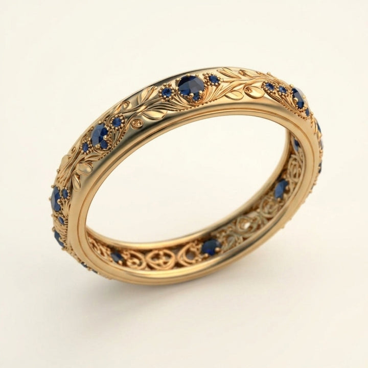 Blue Zirconia Leaf Filigree Band Ring