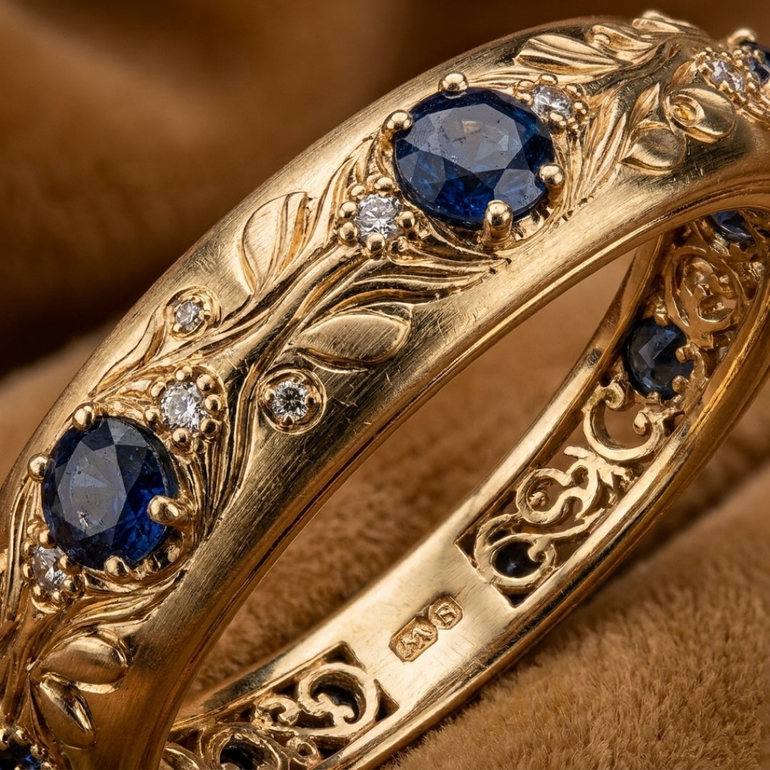 Blue Zirconia Leaf Filigree Band Ring