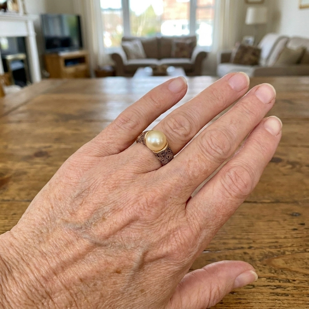 Pearl &amp; Scroll Gold Ring