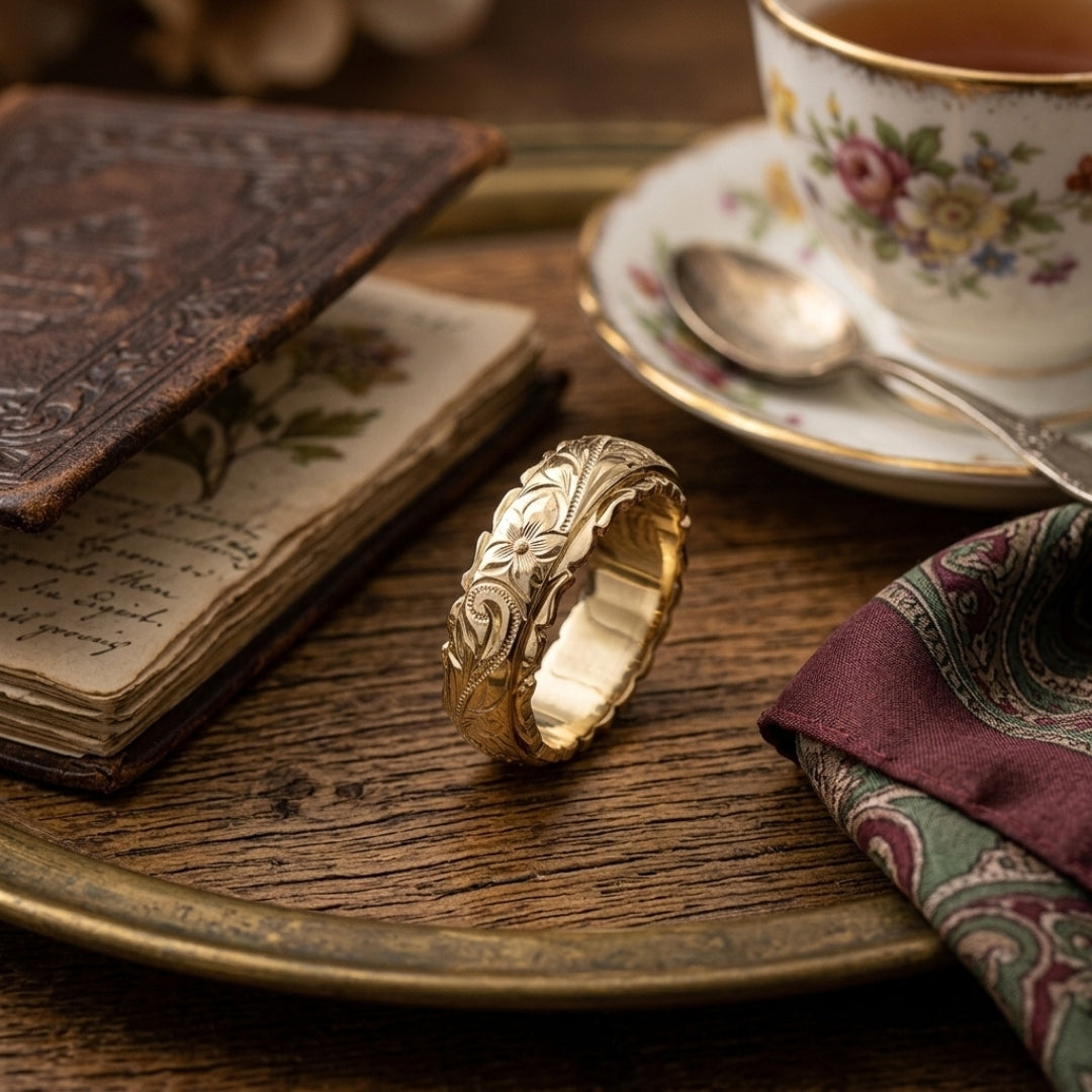 Engraved Gold Flower Band Ring
