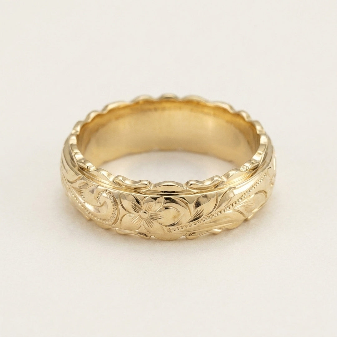 Engraved Gold Flower Band Ring