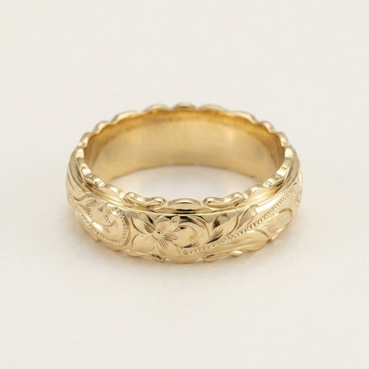 Engraved Gold Flower Band Ring