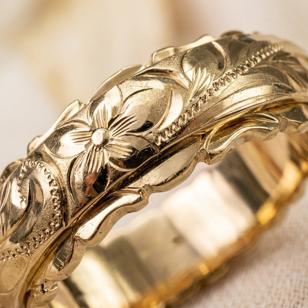 Engraved Gold Flower Band Ring