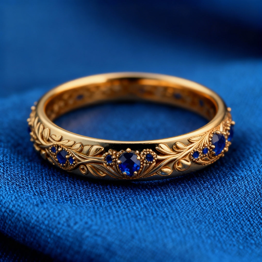 Blue Zirconia Leaf Filigree Band Ring