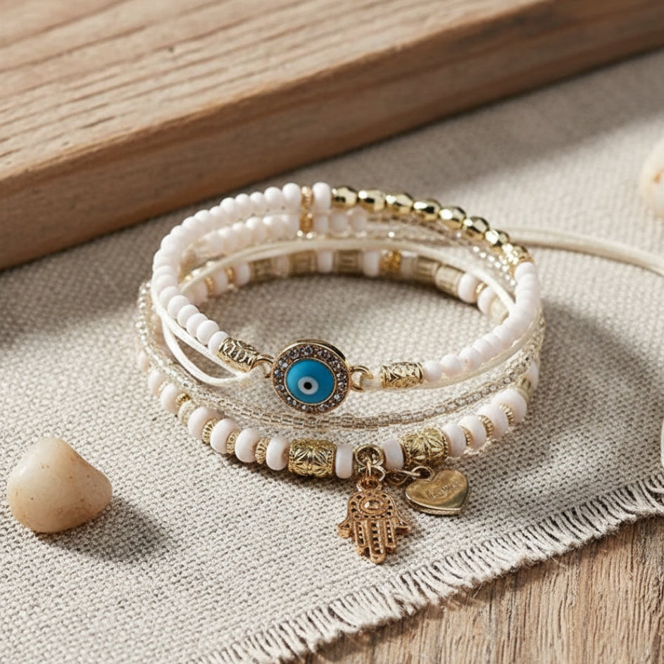 Hamsa &amp; Pearl Bracelet Stack