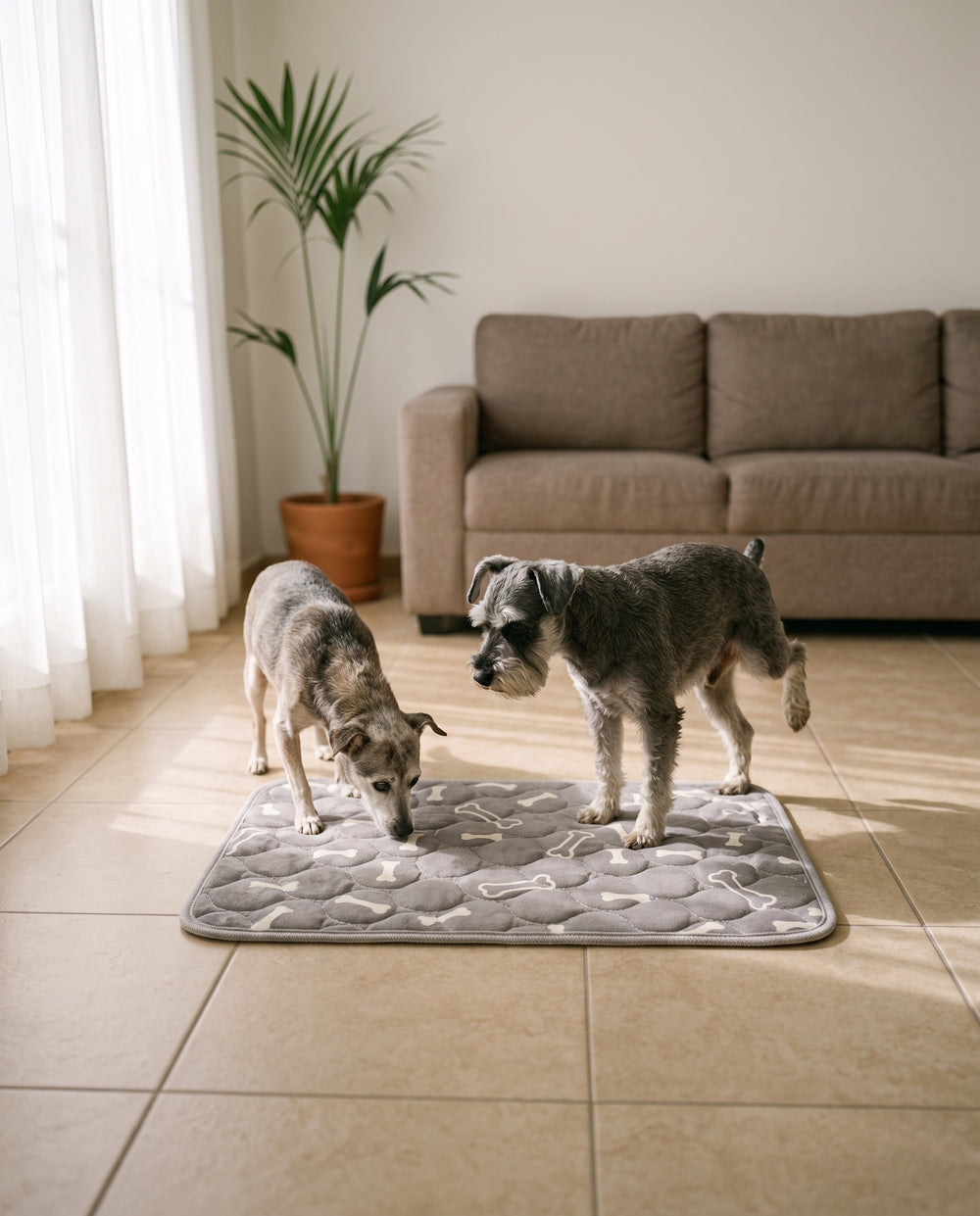 Perro macho y perro senior usando el tapete