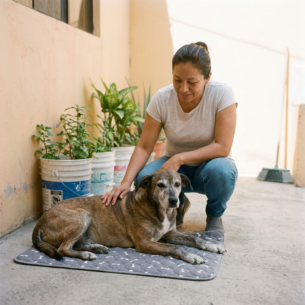 Voluntaria junto a un perro senior sobre el tapete
